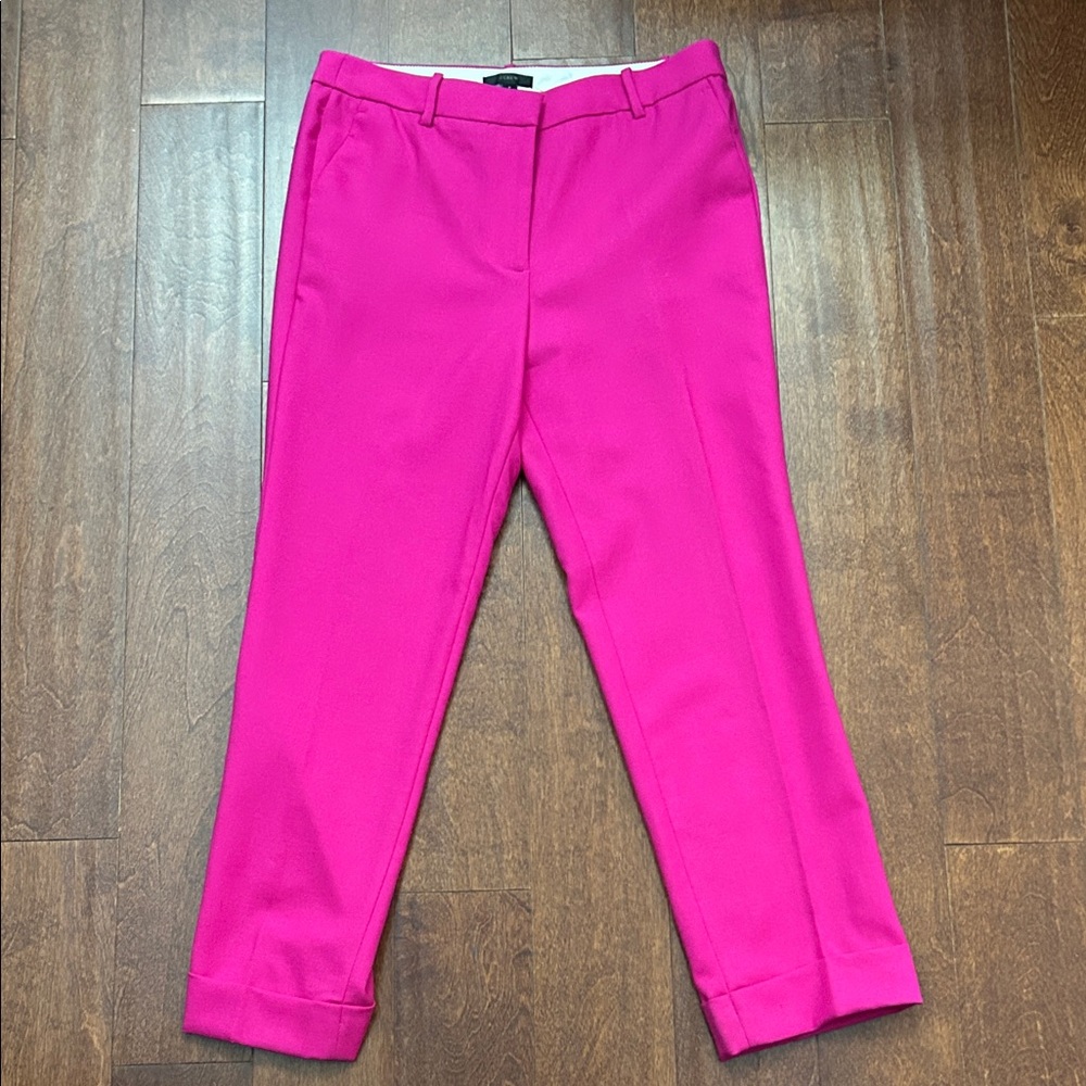 J. Crew Vivid Pink Wool Cuffed Trouser Pants, Size 8